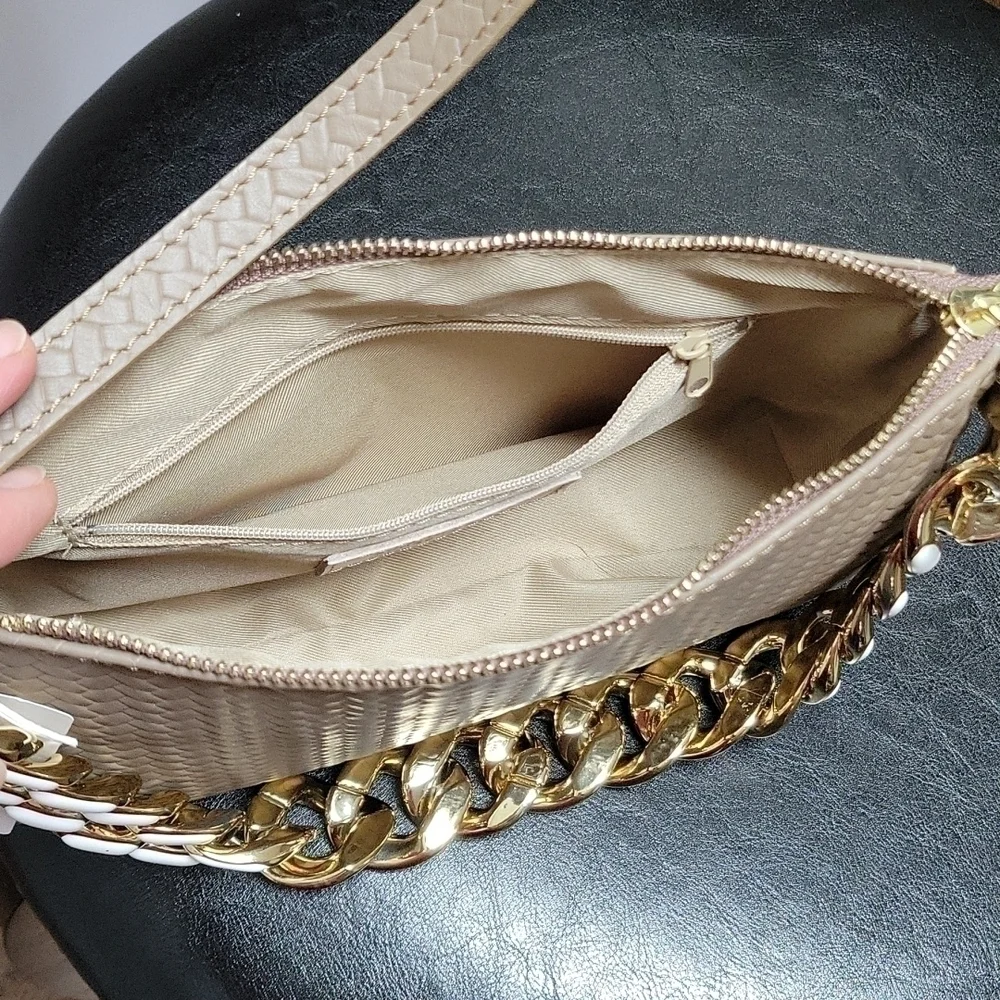 Italian Leather FIORDALISO Chain Strap Top Handle Bag Baguette Woven Foam Green